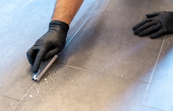 A close-up of a professional cleaning grout with a brush blade and foamy soap on a gray tiled bathroom floor