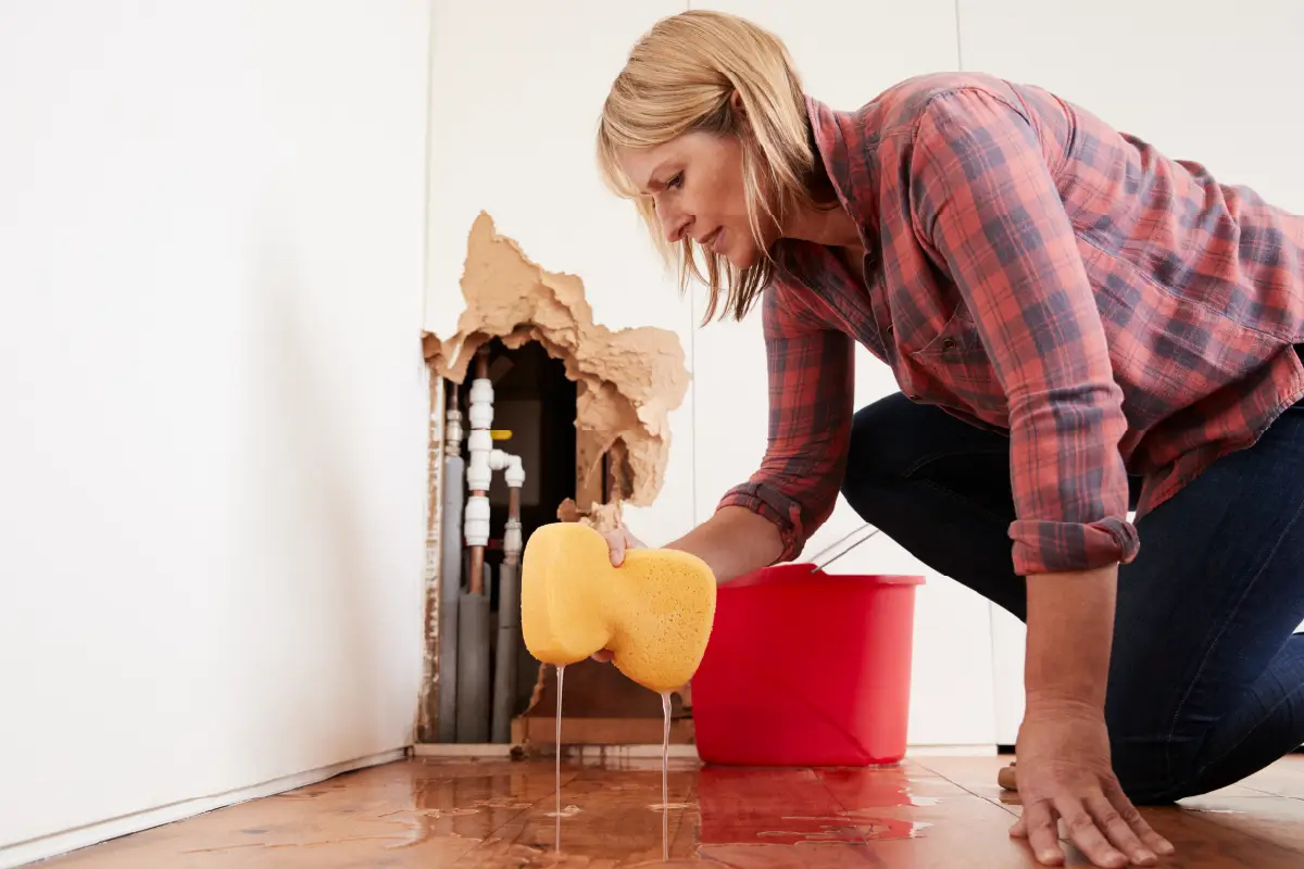 A woman sponging up water from a burst pipe.