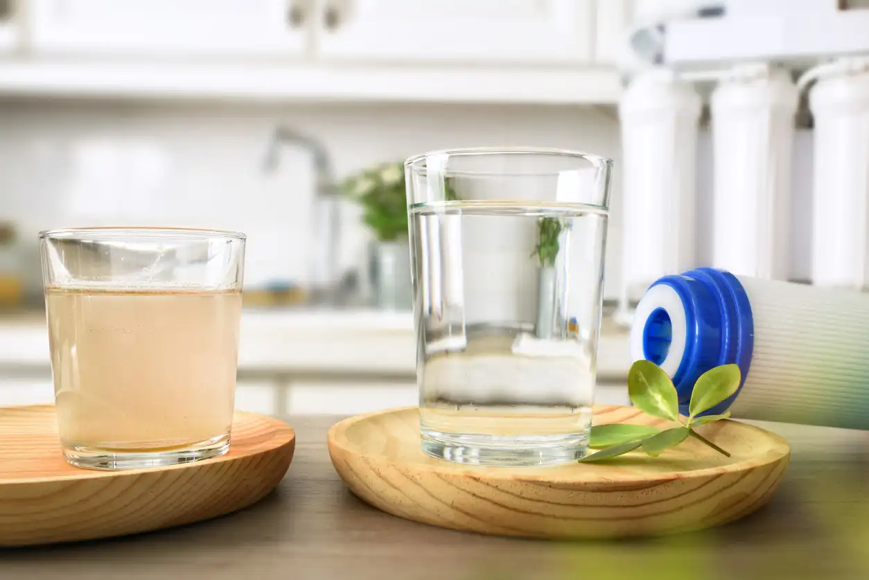 A visual comparison of dirty and filtered water side-by-side in clear glasses.