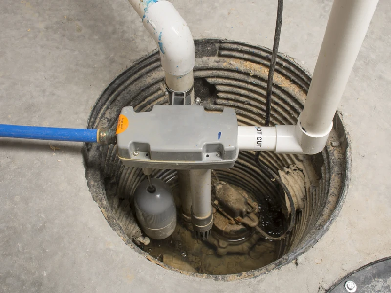 A sump pump installed in a basement of a home with a water powered backup system.