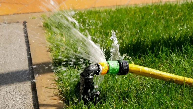 Closeup of water leaking and flowing on green grass lawn through a damaged hose pipe.