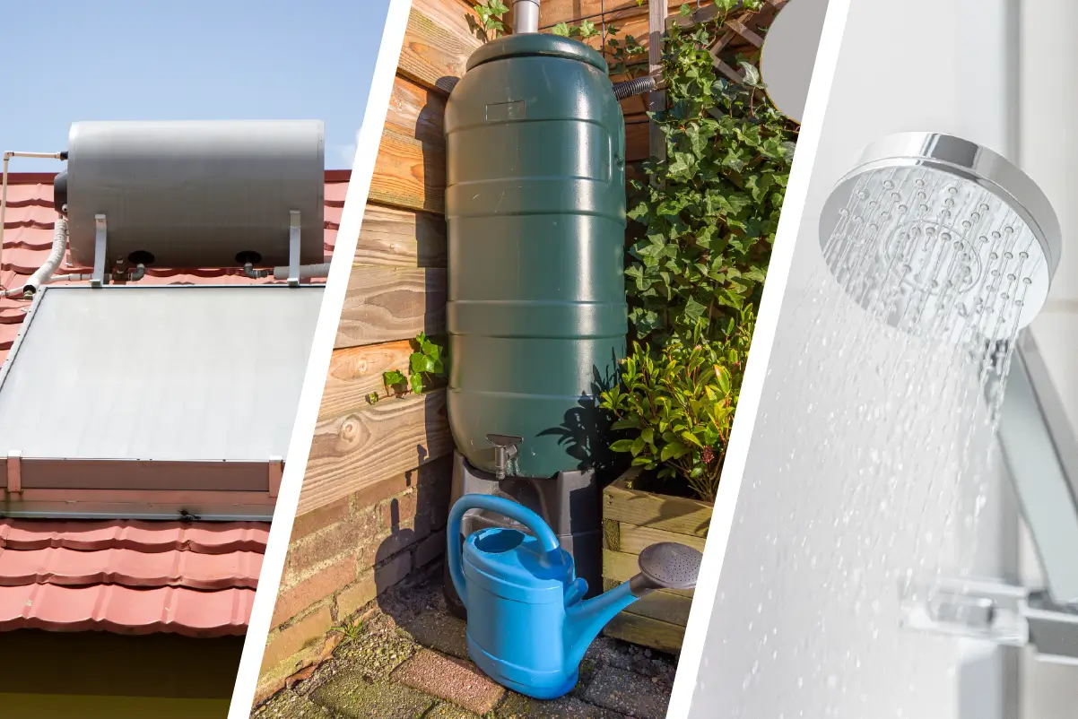 Image of a solar-powered water heater, low-flow showerhead, and rainwater harvesting system.