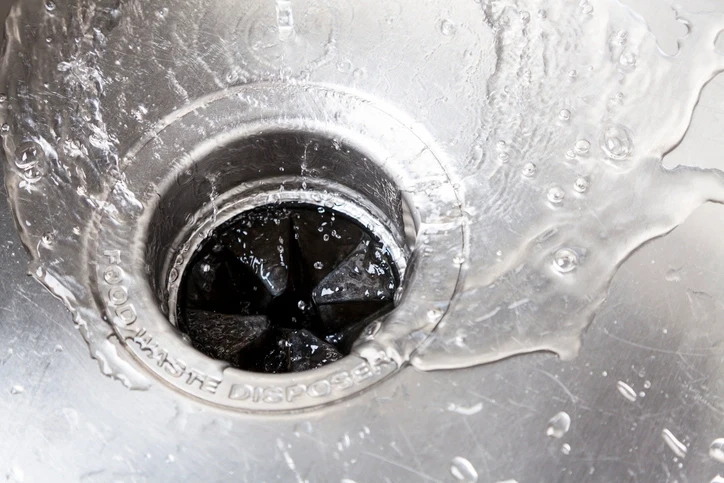 Water flows into a garbage disposal in a stainless steel sink.