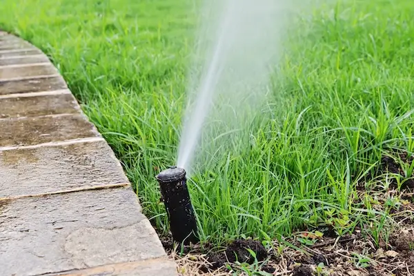 An automatic irrigation sprinkler system watering a lawn.