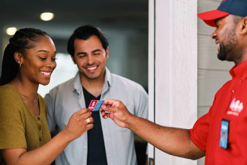 A friendly Mr. Rooter Plumbing emergency technician handing his business card to his customers