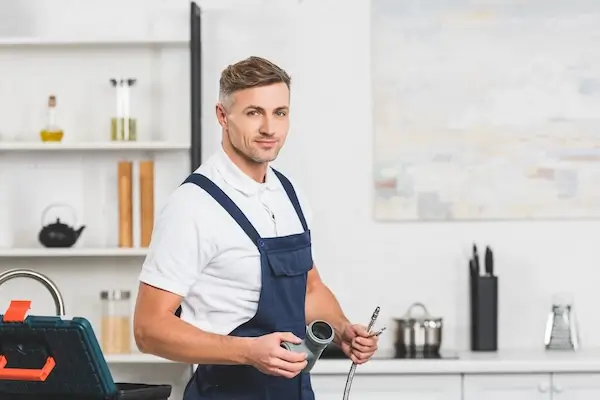 A plumber carrying out kitchen repairs as part of a kitchen remodel project.