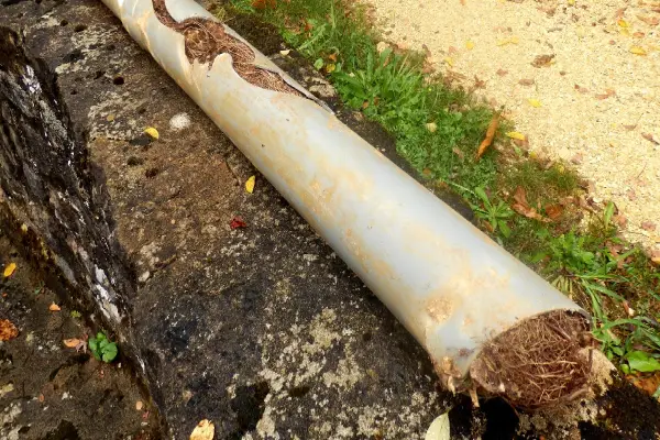 An excavated pipe that has been cracked and broken by tree roots growing inside it.