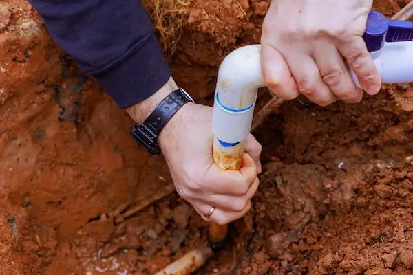 Commercial plumbing expert undertaking emergency plumbing repair on pipe 