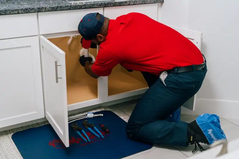 Mr. Rooter plumber working on a clogged drain under a sink