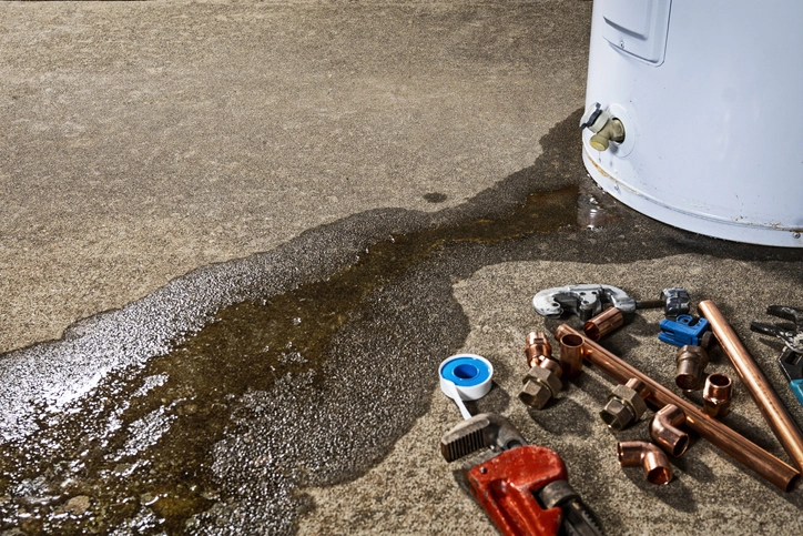 Water leaks from a water heater storage tank, with various plumbing tools in the foreground. | Mr. Rooter Plumbing of The Oakland-Berkeley Area