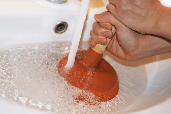 Hands with plunger in sink in need of plumbers in Columbia, SC.