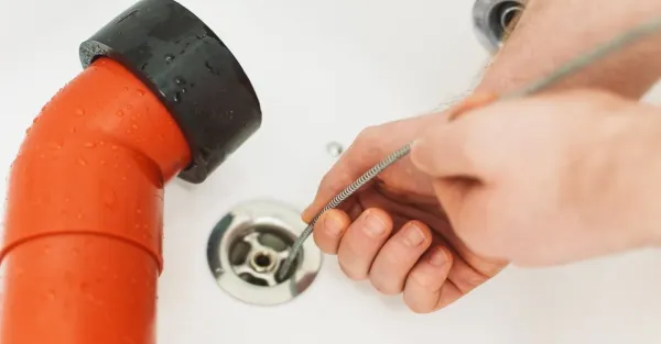 A plumber using a metal drain snake to clear a clogged drain in San Antonio, TX.