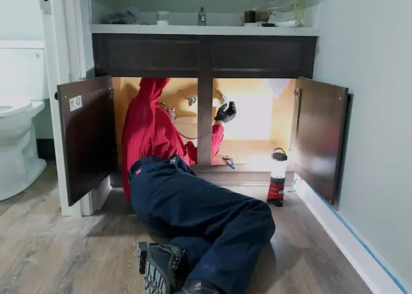 Brian Buelt installing supply lines to a new lavatory sink.